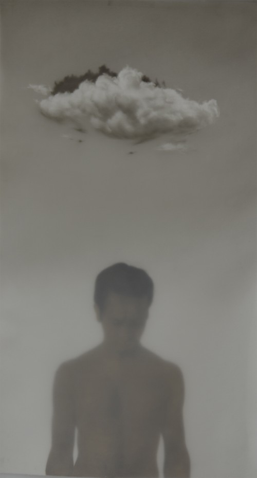 Ali Kazim. Untitled (Self Portrait with Cloud), 2014. Pigments on watercolour paper and polyester film, 26.7 x 15.7 in (68 x 40 cm). Courtesy of the artist.